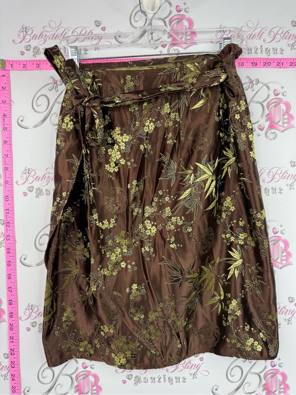 Skirt shiny shimmer Brown Floral Wrap Skirt with Gold Bamboo Print Asia style